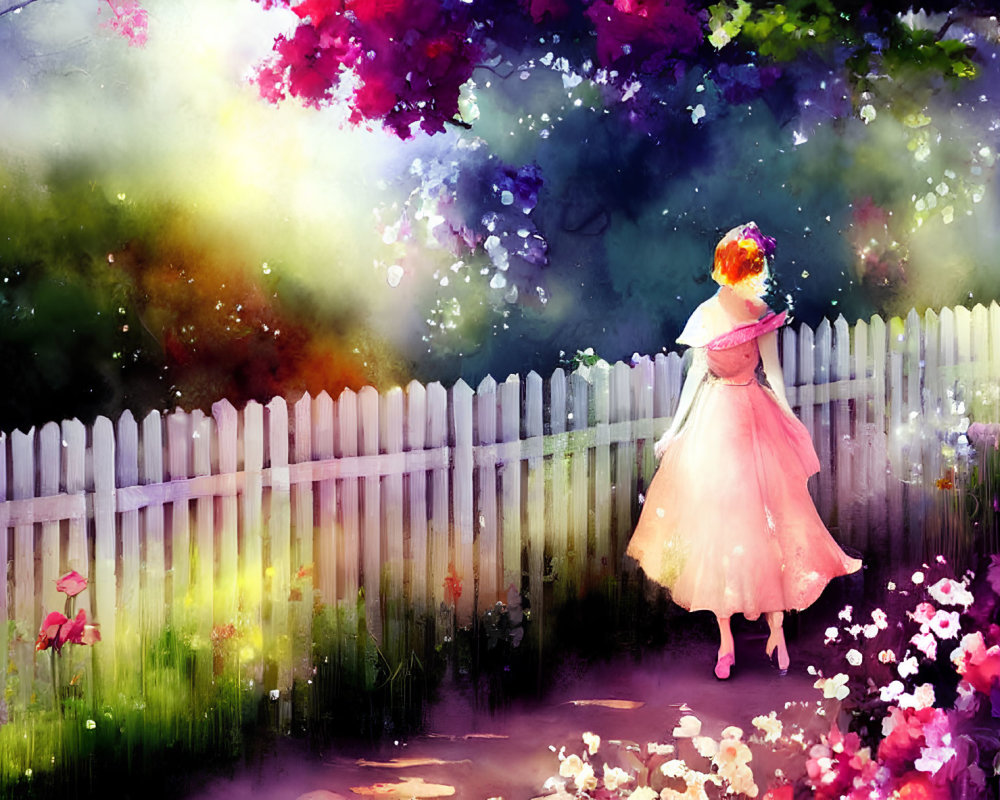 Young girl in pink dress by white picket fence in colorful garden with blooming flowers and sunbeam
