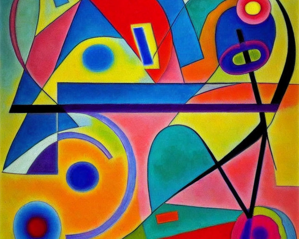 Colorful Abstract Geometric Painting with Overlapping Shapes and Lines