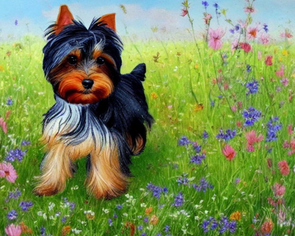 Small Yorkshire Terrier in Vibrant Wildflower Field