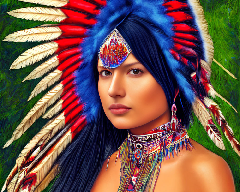 Digital artwork featuring person with long dark hair in vibrant Native American headdress