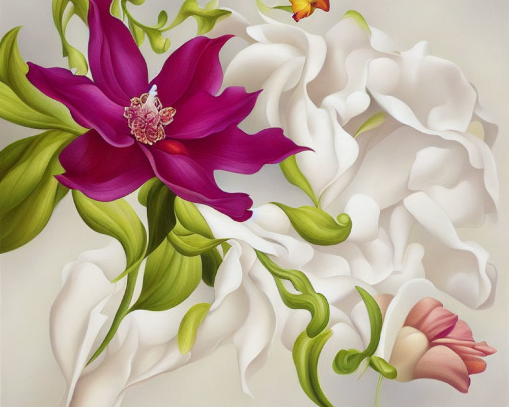 Colorful painting featuring purple and green flower alongside abstract white floral form