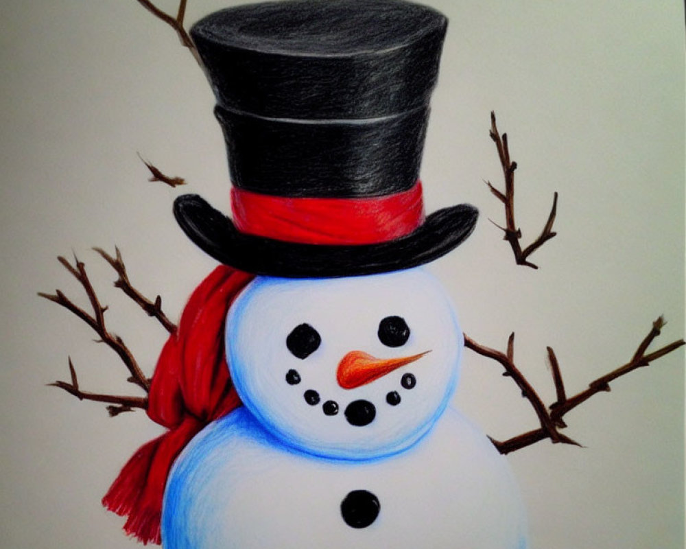 Hand-drawn snowman with black top hat and red scarf
