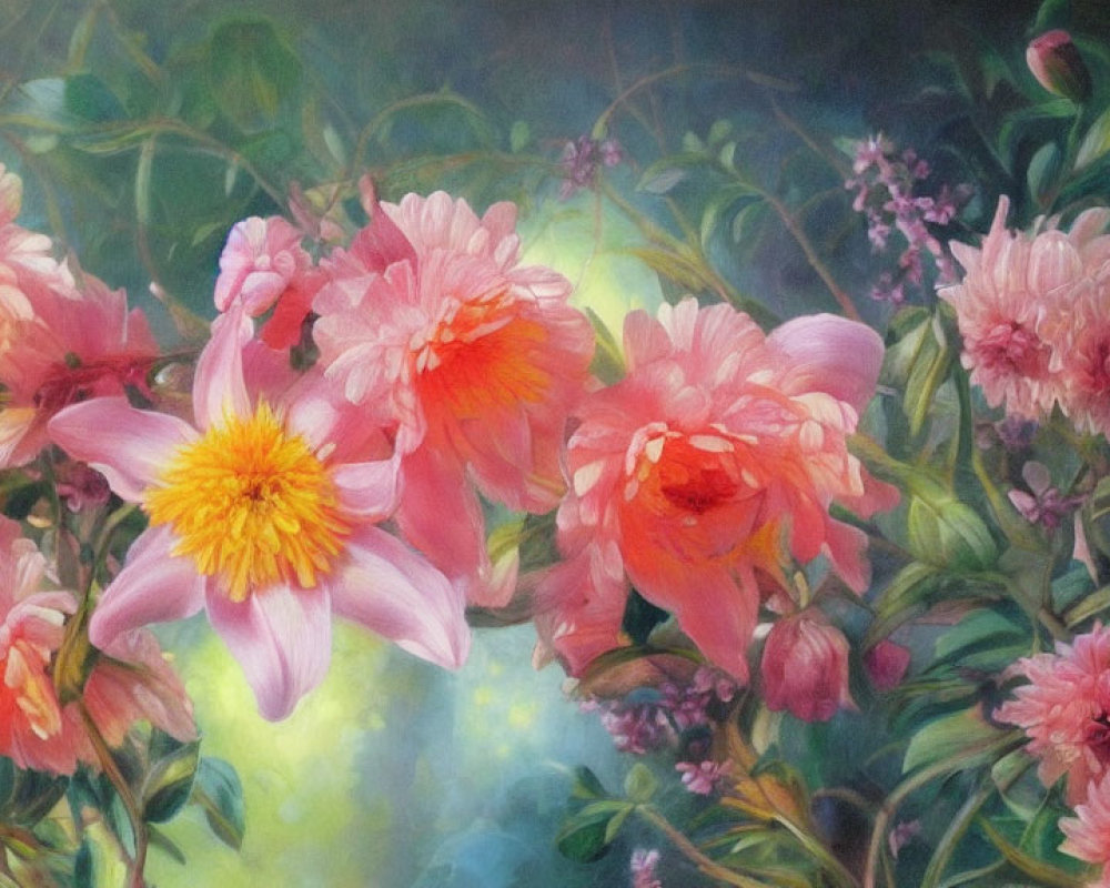 Pink peonies painting with lush green foliage and soft light