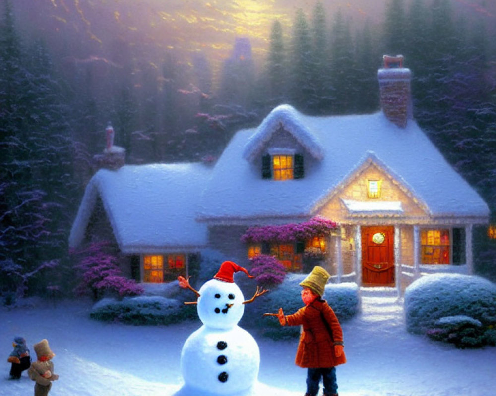 Child in red coat decorating snowman by cozy house in winter twilight