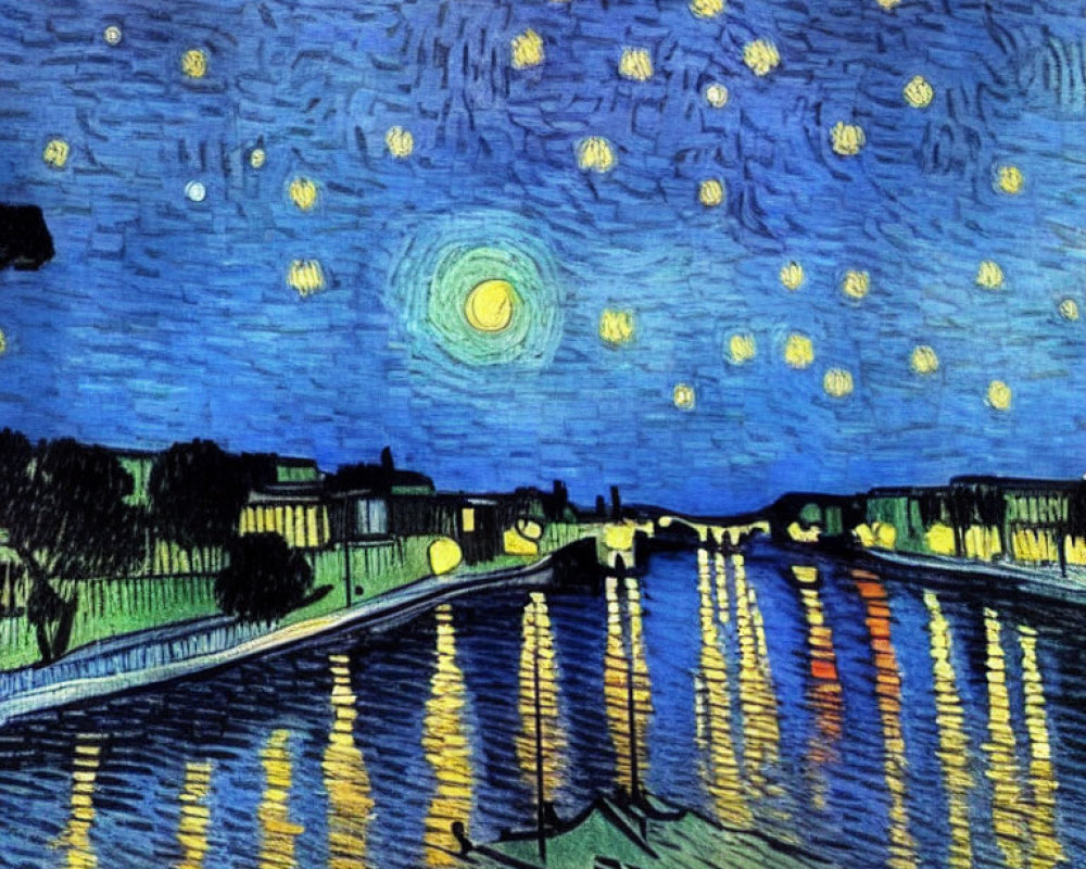 Starry Night Sky Painting Over Small Town and River