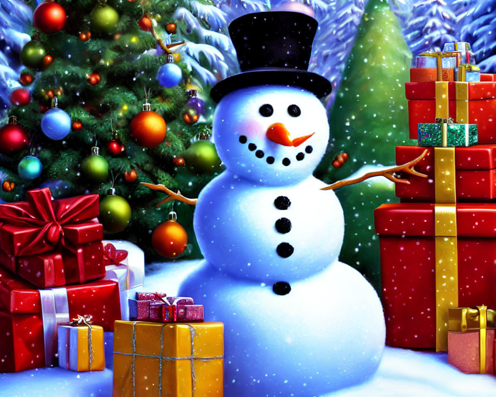 Colorful Snowman with Top Hat and Gifts by Christmas Tree