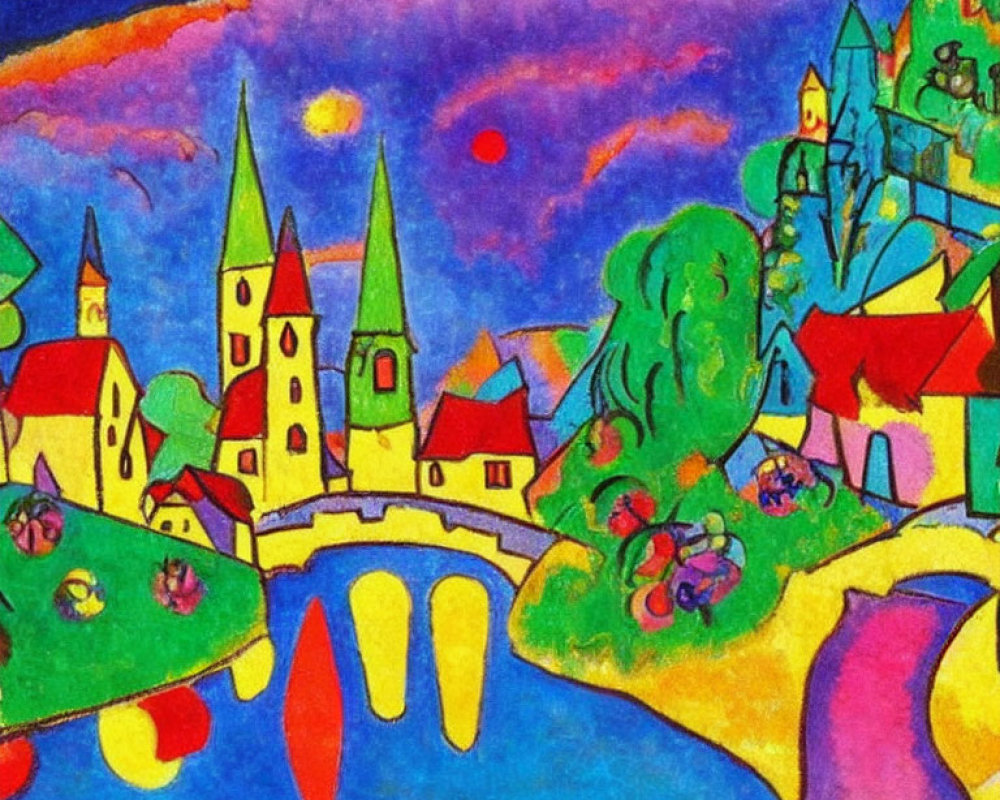 Colorful Expressionist Painting of Stylized Village at Sunset