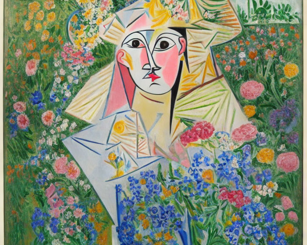 Vibrant Cubist-style painting of woman's face with colorful floral background