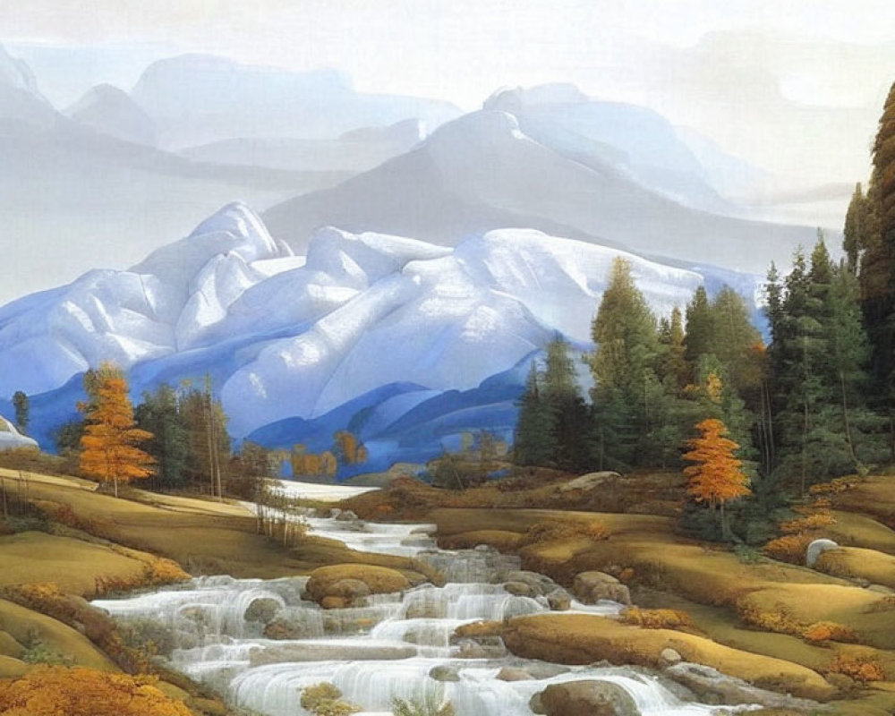 Snow-capped mountains, river waterfalls, autumn trees in serene landscape painting