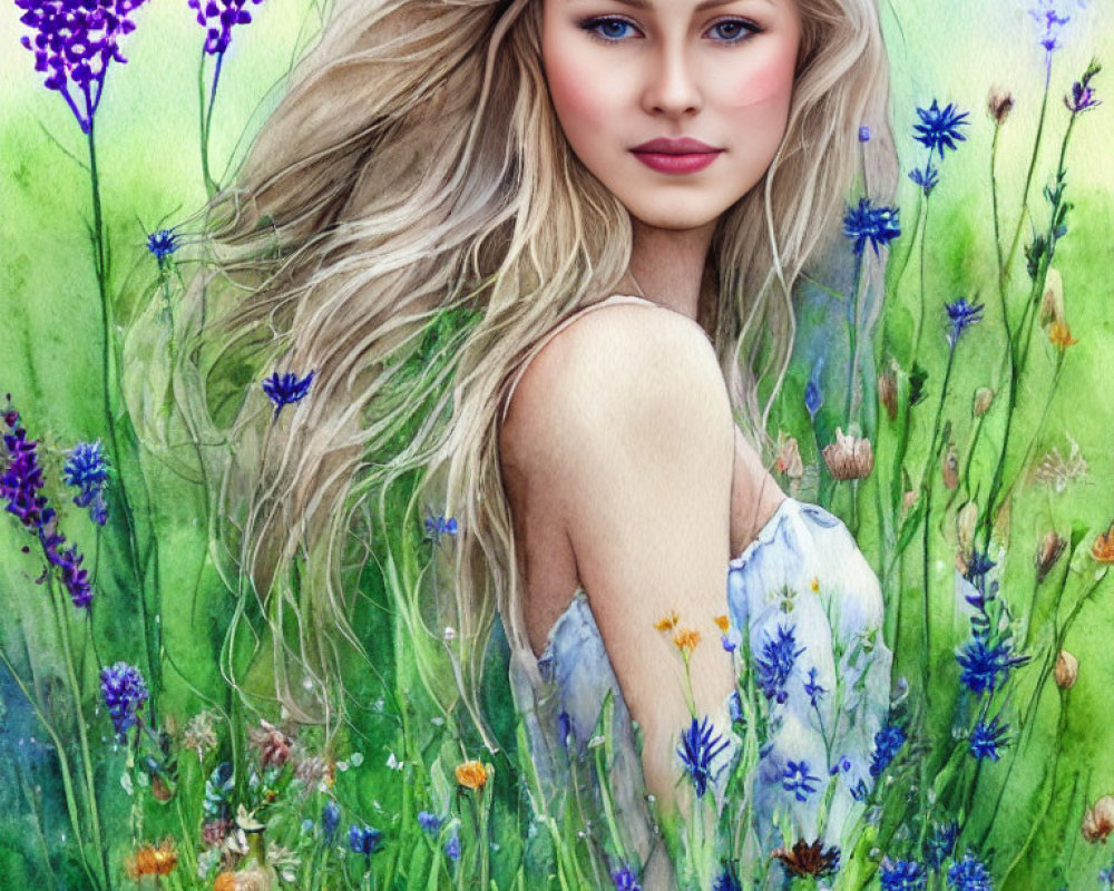 Blonde Woman Portrait Among Vibrant Wildflowers