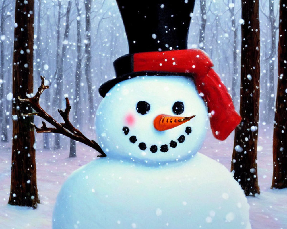 Cheerful snowman with top hat and red scarf in wintry forest