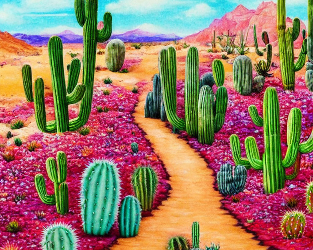 Vibrant desert landscape with cacti, pink flowers, winding path, and rocky mountains