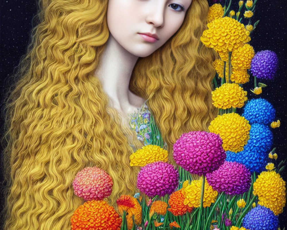 Portrait of Woman with Long, Wavy Golden Hair and Colorful Flowers on Starry Background
