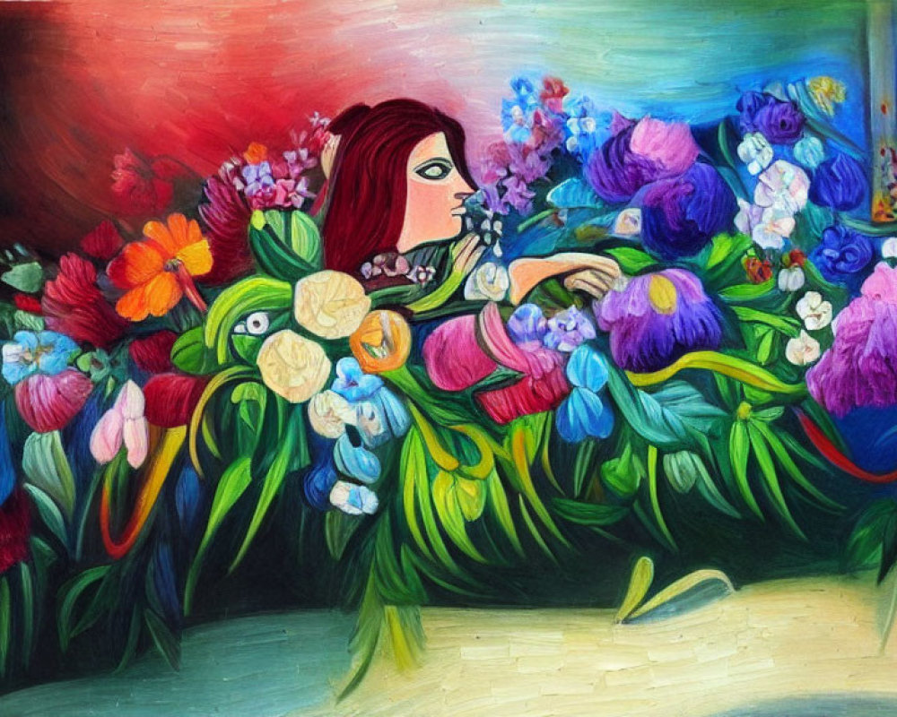 Colorful Woman Portrait Partially Hidden by Flowers in Vibrant Painting