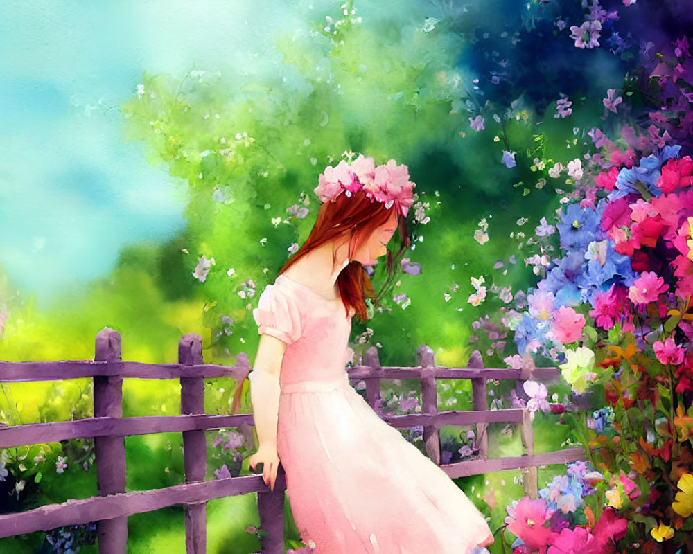 Girl in Pink Dress with Floral Crown in Vibrant Garden Scene