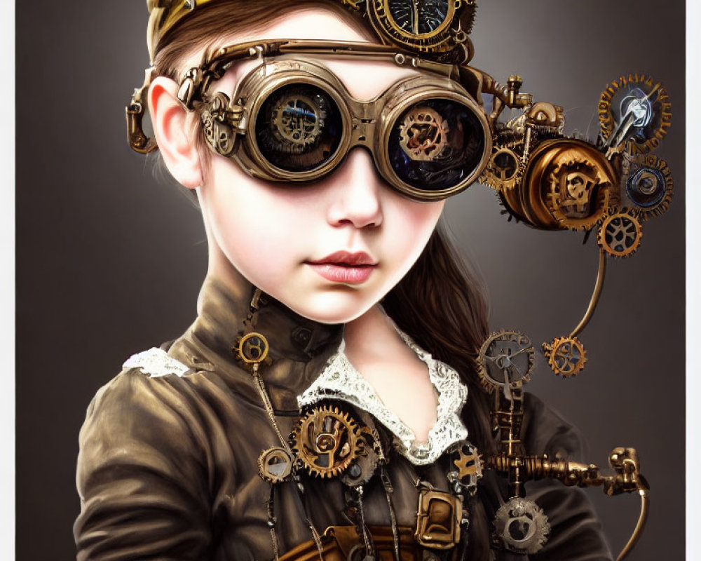 Young girl in steampunk attire with intricate goggles and gears, exuding vintage aesthetic