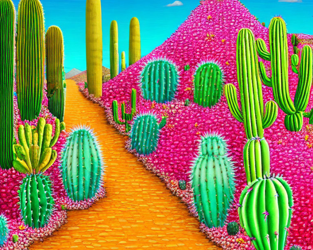 Colorful Cactus Landscape on Pink Hills with Yellow Brick Road