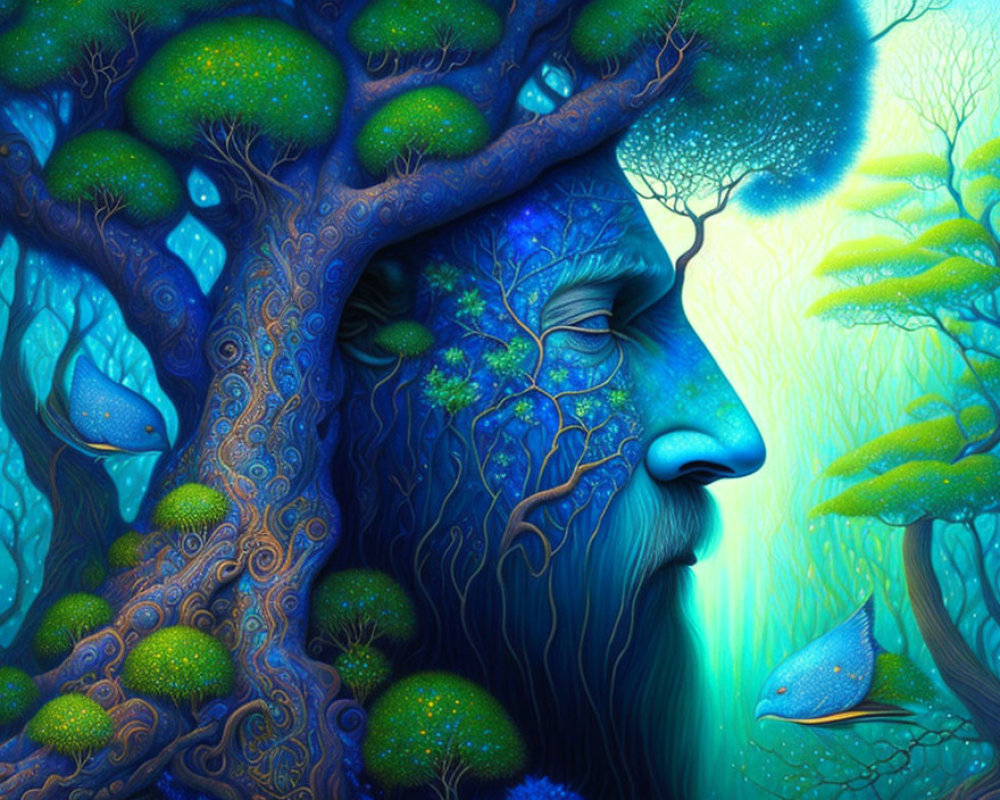 Colorful Tree with Human-like Face Surrounded by Nature and Marine Life