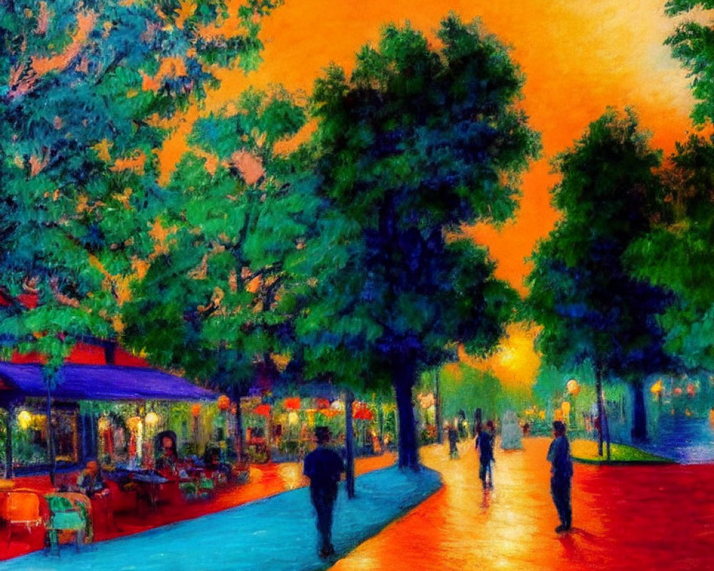Impressionist-style painting: Bustling street scene at dusk