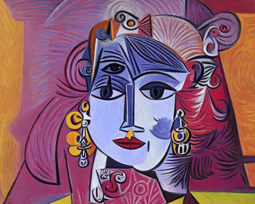 Vibrant cubist portrait of a woman with abstract features and decorative earrings on swirling pink and yellow