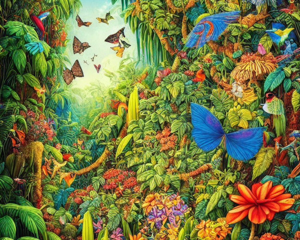 Lush Jungle Scene with Green Foliage, Flowers, and Butterflies