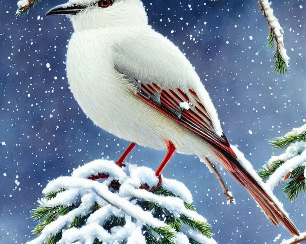 White Bird with Red Feet Perched on Snow-Covered Evergreen Branch