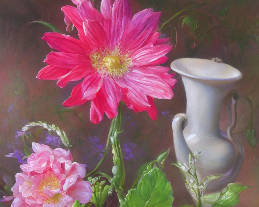 Vivid pink dahlia and light pink flower with white pitcher on dark background