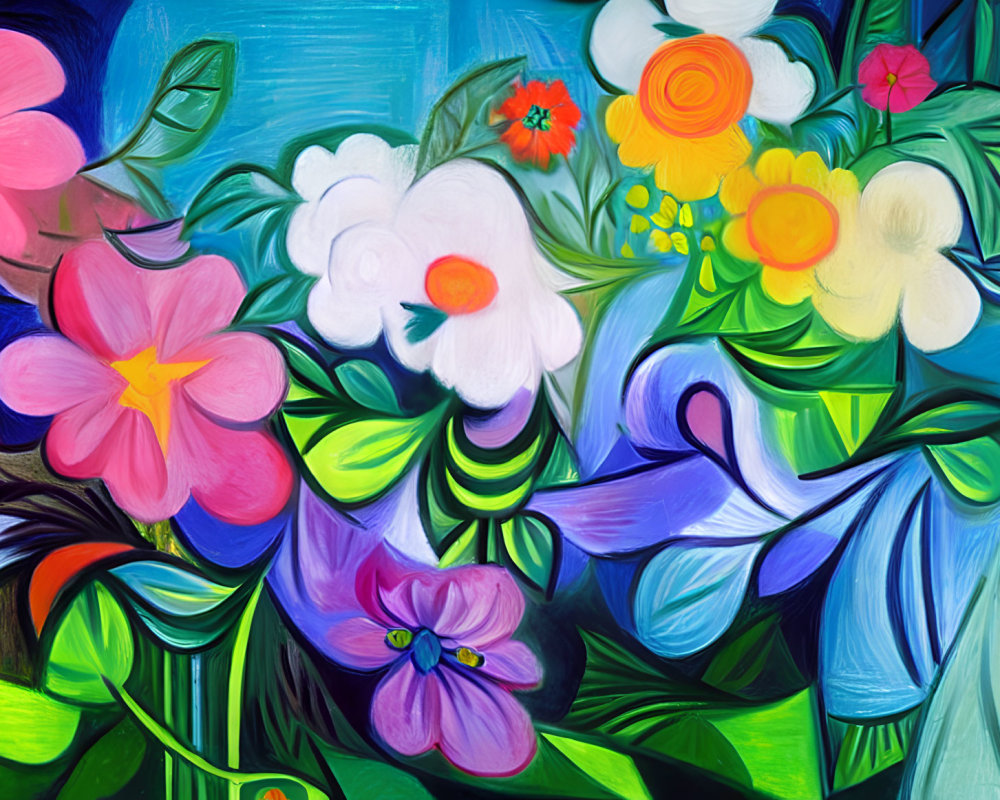 Vibrant Flower Painting in Pink, White, Red, Yellow, Green, and Blue
