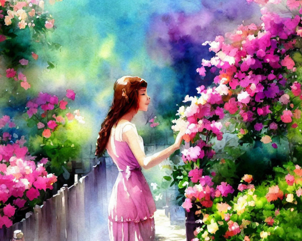 Woman in Pink Dress Touching Blossoming Bush Under Sunlight