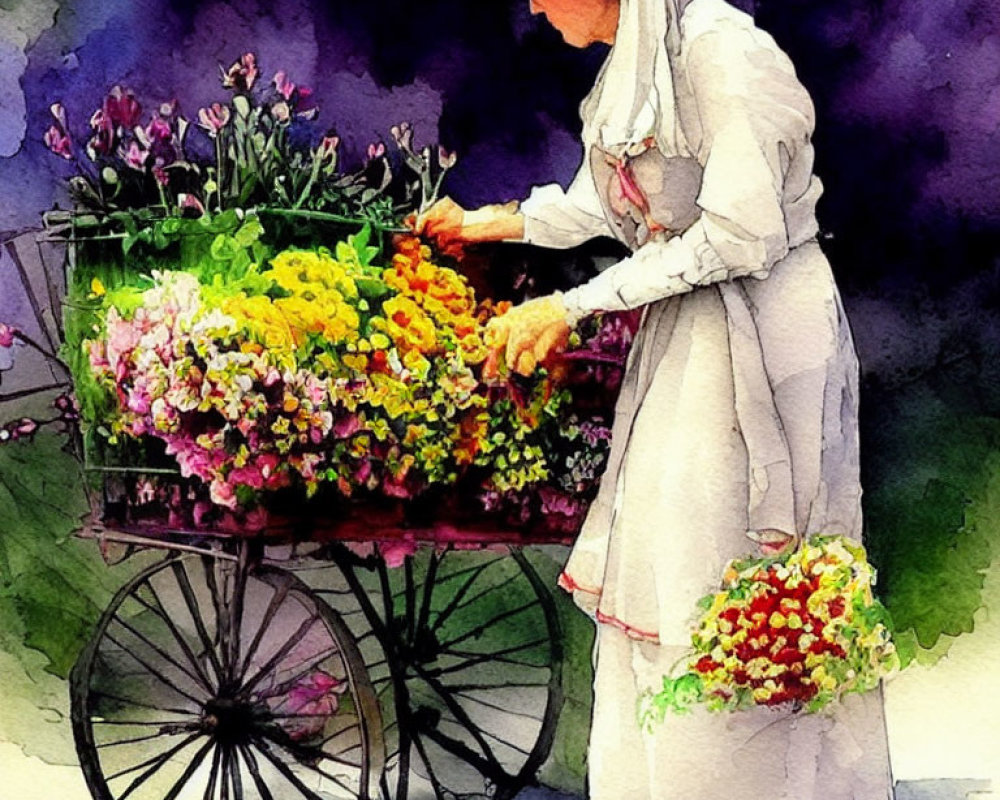 Watercolor painting of lady arranging bouquet on flower cart