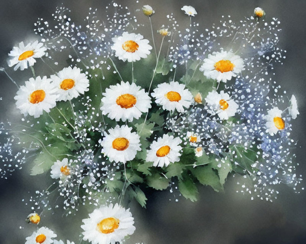 White Daisies Watercolor Painting with Yellow Centers