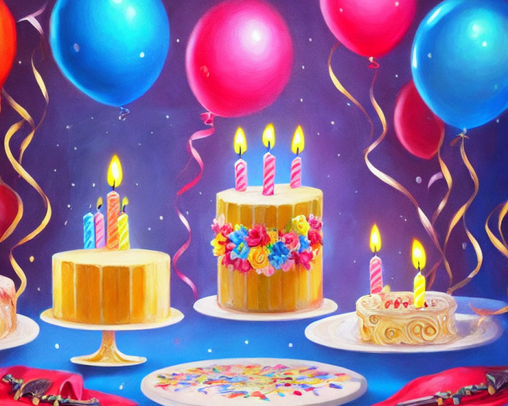 Vibrant birthday celebration with cakes, candles, balloons, and candies