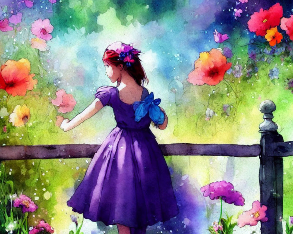 Girl in Purple Dress with Flower Wreath Admiring Vibrant Garden in Watercolor