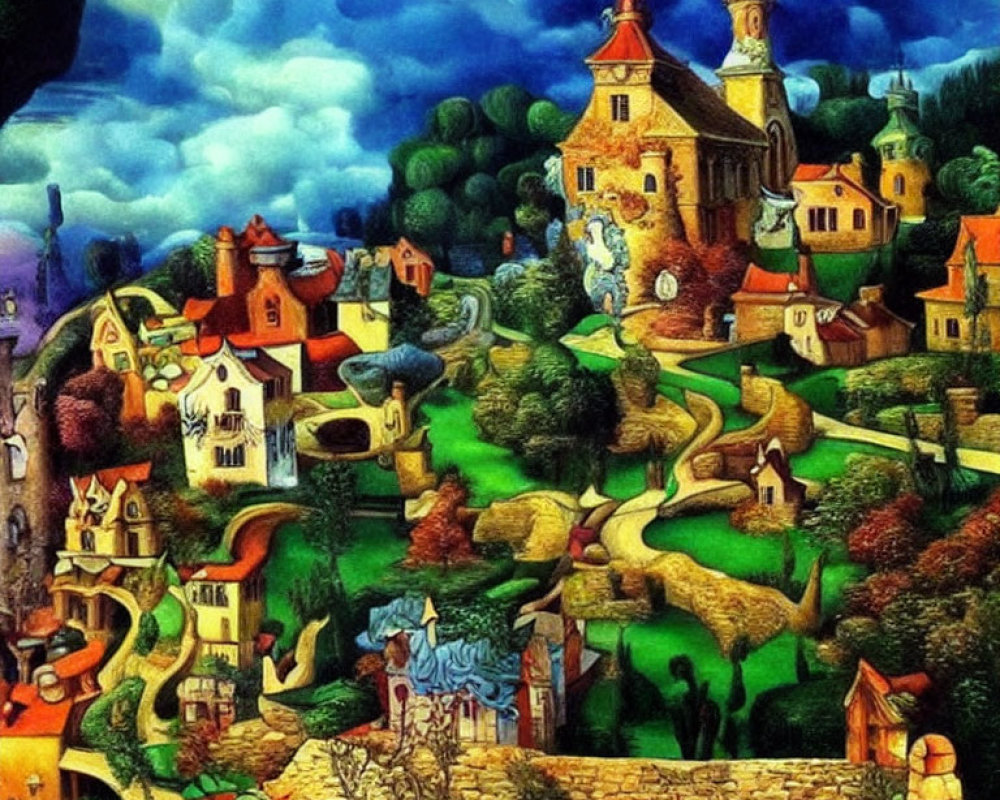 Colorful Whimsical Village Painting with Characters & Stone Bridge