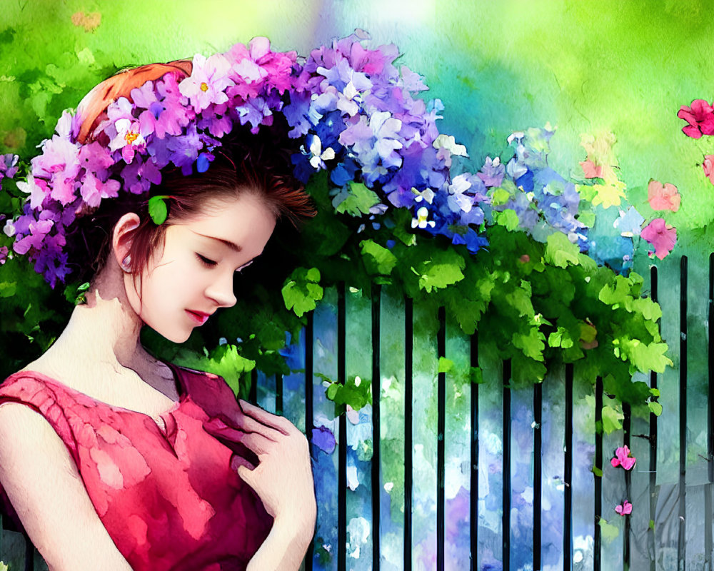 Young woman in red dress with floral wreath by fence and vibrant flowers