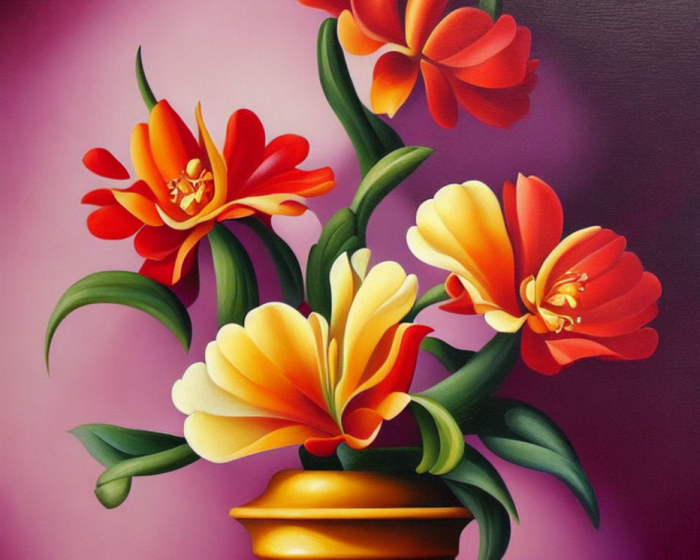 Colorful painting of orange and yellow flowers in terracotta pot on pink backdrop