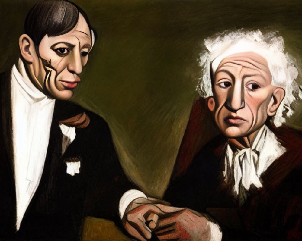 Stylized painting of two male figures in black and red suits with exaggerated facial features