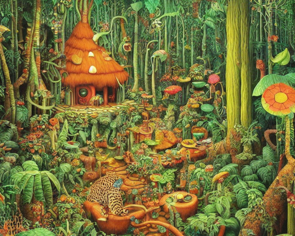 Colorful Jungle Scene with Mushroom House, Flora, Leopard & Whimsical Details