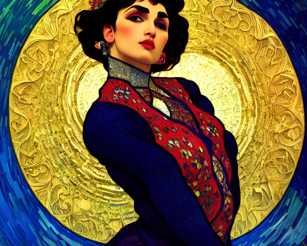 Illustration of woman in blue and red outfit on golden spiral backdrop