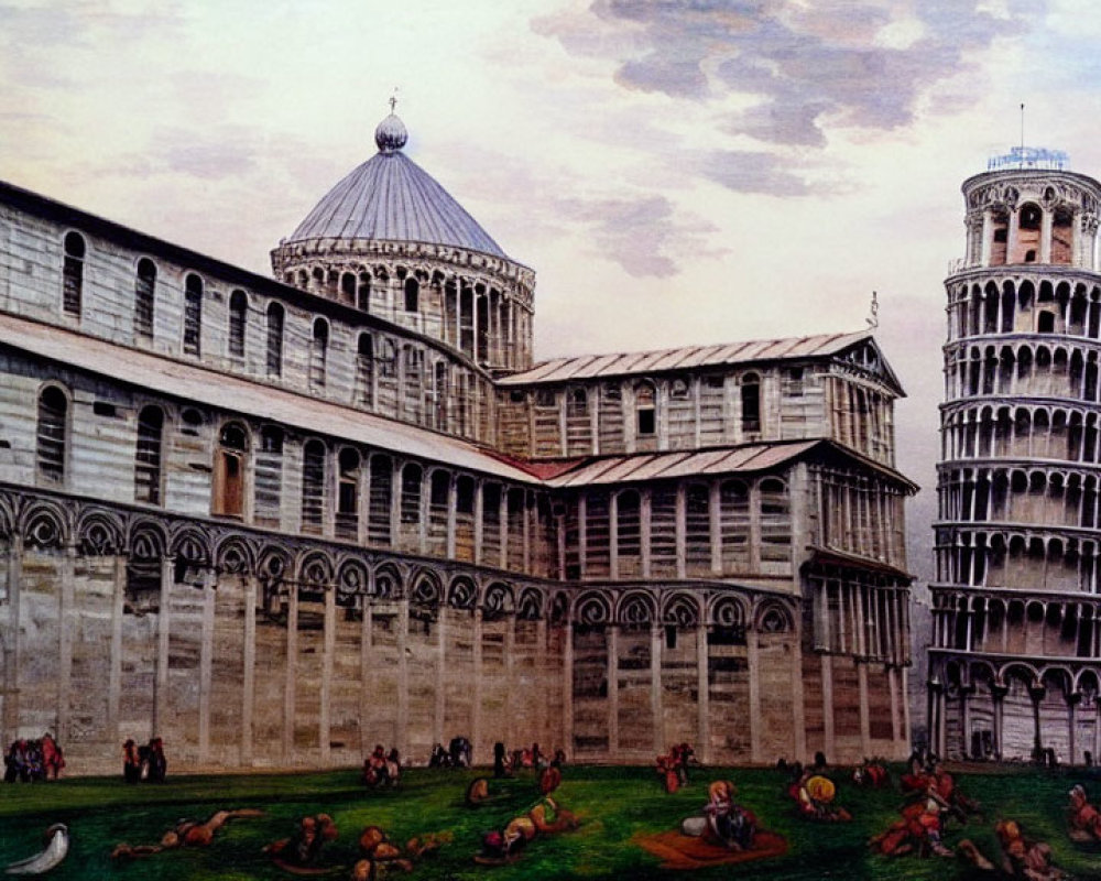 Historic complex with cathedral, baptistery, and leaning tower in scenic setting