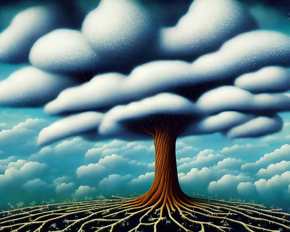 Surreal tree merging with clouds against blue sky