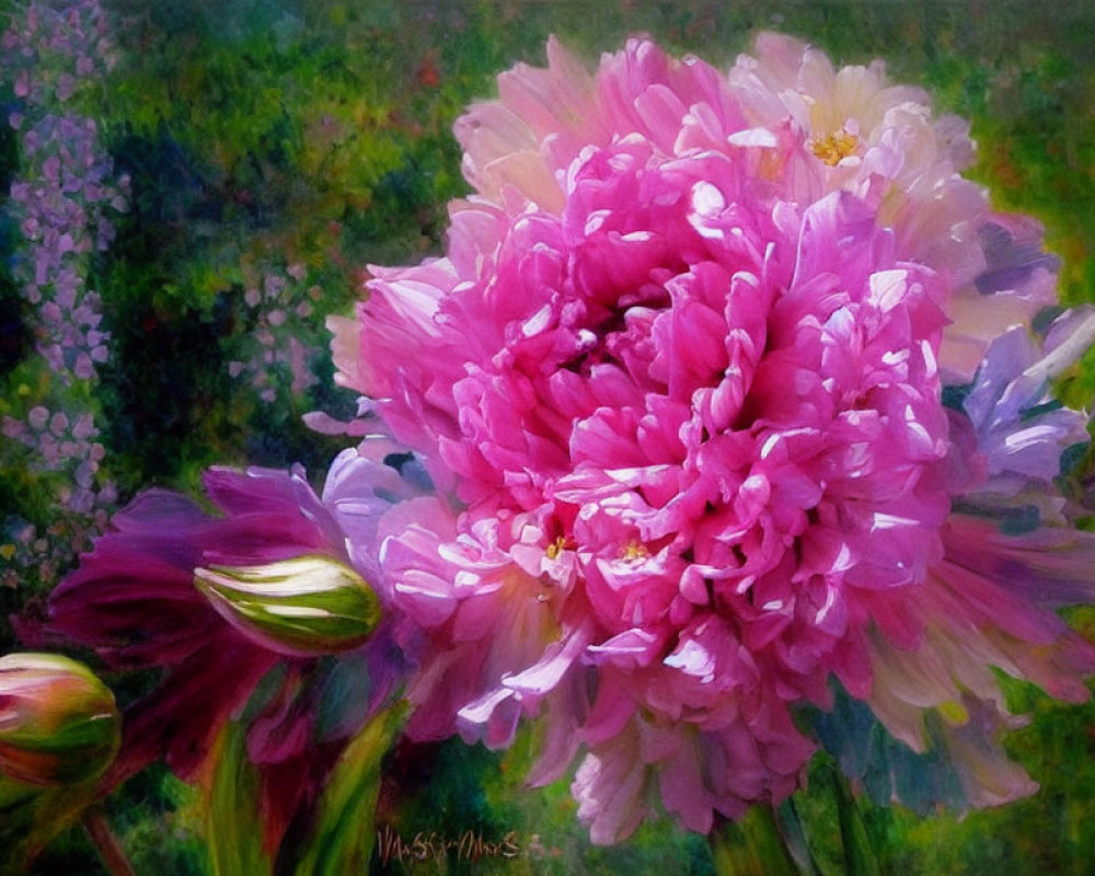 Colorful oil painting of blooming pink peony and purple flowers
