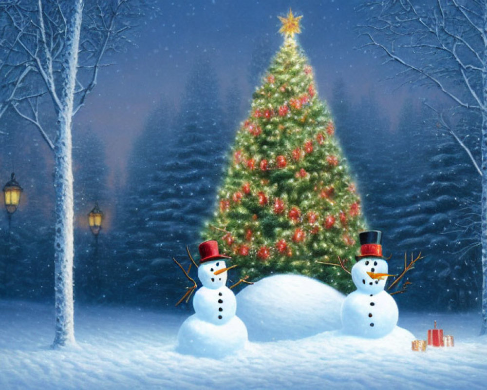 Snowmen and Christmas tree in winter scene with falling snow and glowing lanterns.