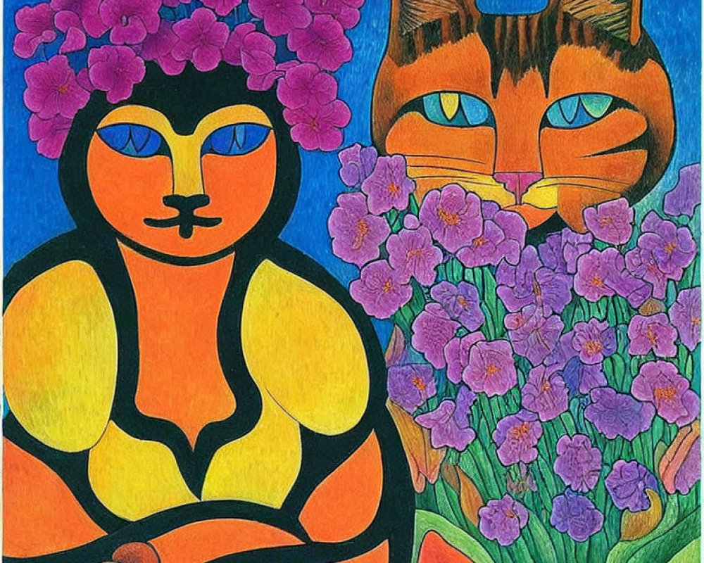Colorful Cat Illustration with Human-Like Body and Flowers in Vibrant Tones