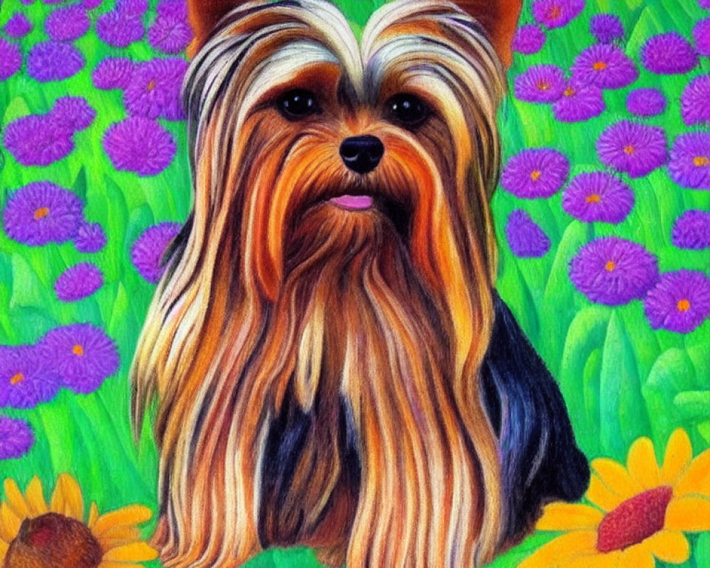 Yorkshire Terrier with long, silky fur against vibrant floral background