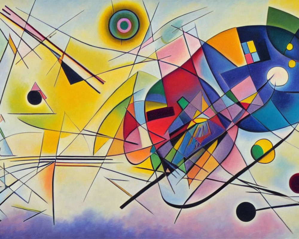 Vibrant Abstract Art: Geometric Shapes, Lines, Blues, Yellows, Reds
