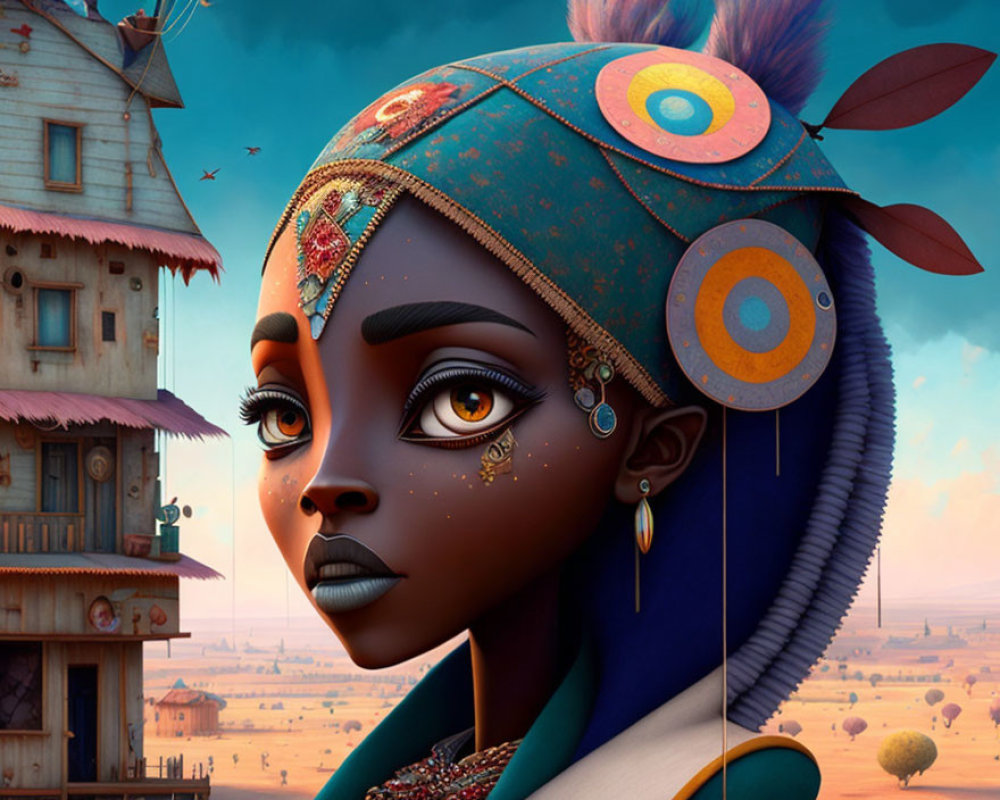 Dark-skinned woman with expressive eyes in bejeweled headdress against whimsical backdrop