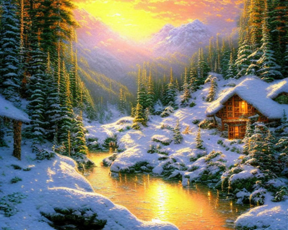 Snowy forest cabin by river with mountains at sunset