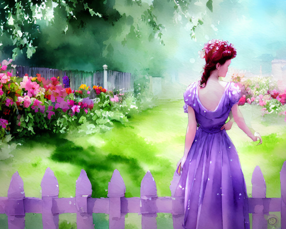 Woman in purple dress with flowers in hair by white picket fence in vibrant garden