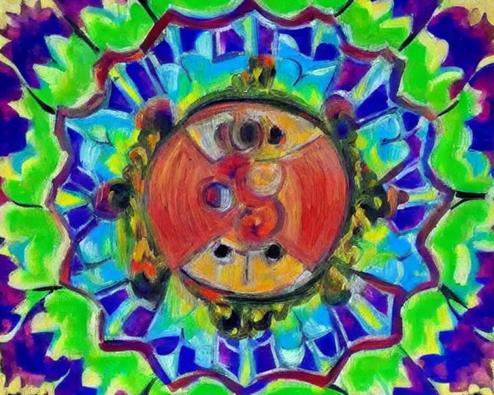 Colorful Kaleidoscopic Pattern with Central Orange Motif